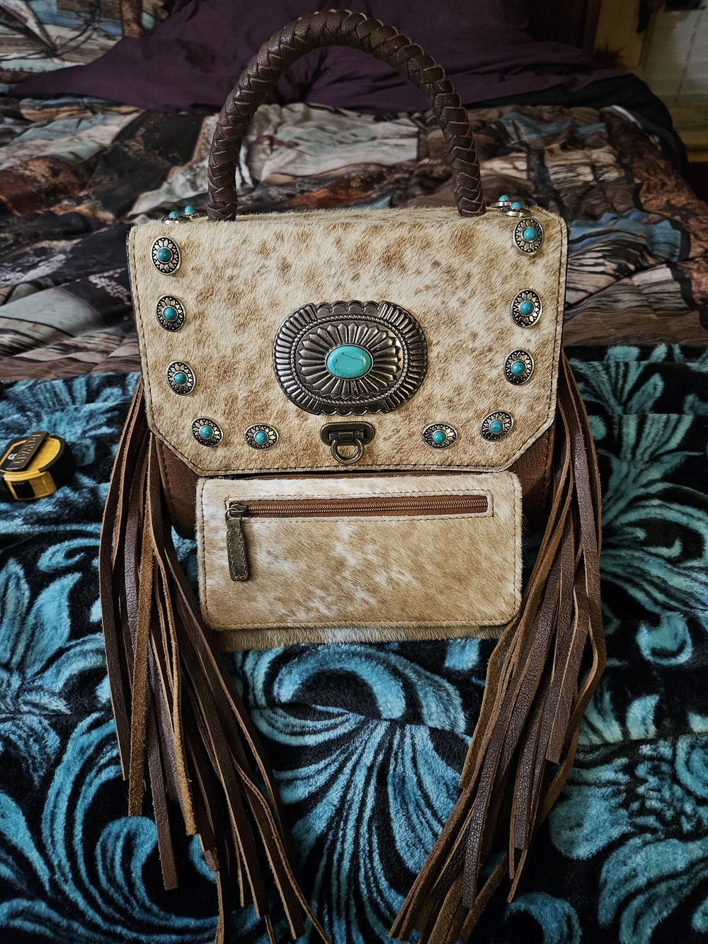 American Darling Brown and Turquoise Fringe Crossbody Bag